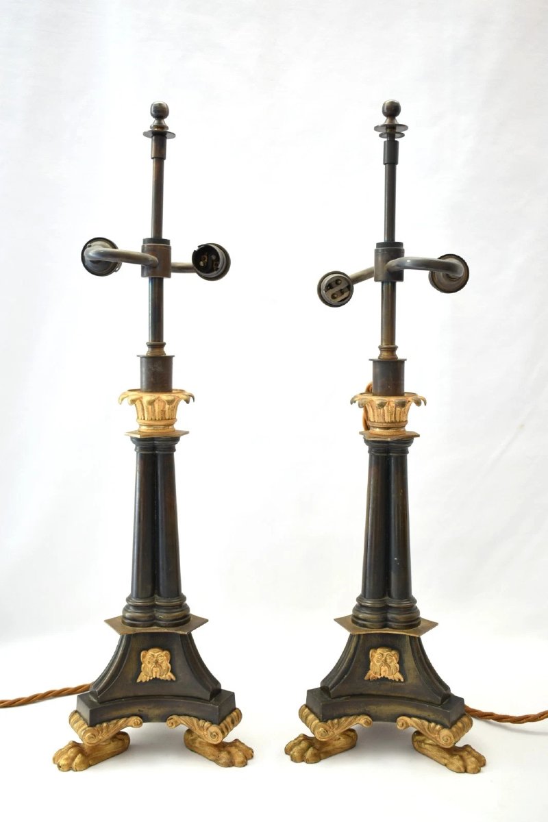 Pair Antique French Empire Bronze Ormolu Candlestick Table Lamps Circa 1830