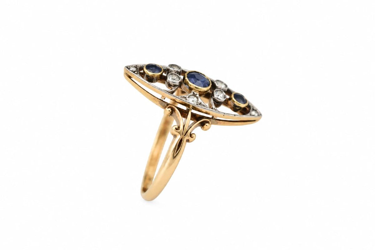 Antique 18ct Gold Sapphire Diamond Marquise Plaque Ring Birmingham Hwl Size O-photo-2