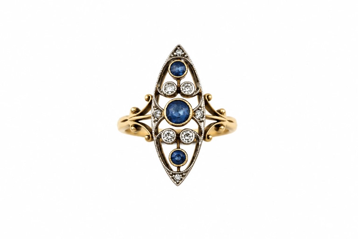 Antique 18ct Gold Sapphire Diamond Marquise Plaque Ring Birmingham Hwl Size O