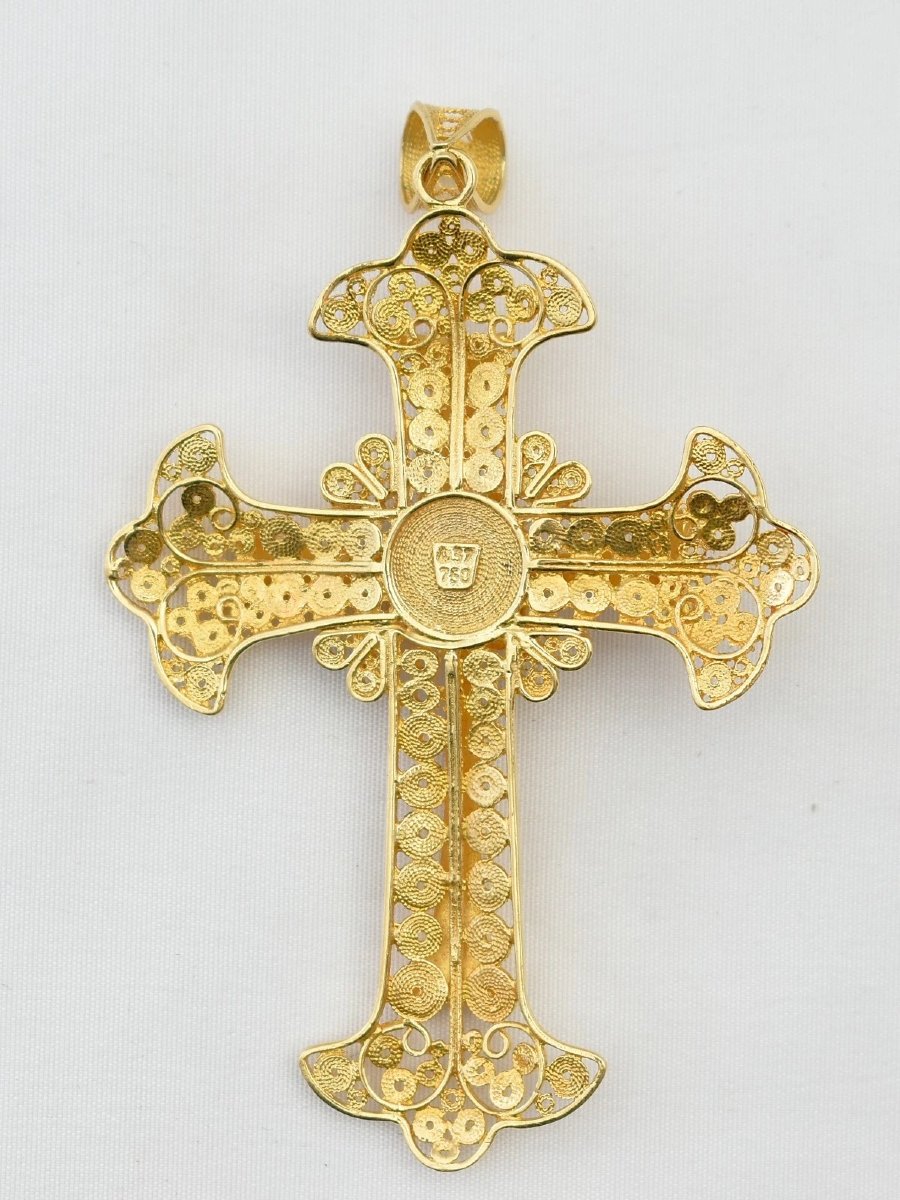 A Vintage Greek Byzantine Style 18ct Gold Enamel & Red Cabochon Cross Pendant-photo-2