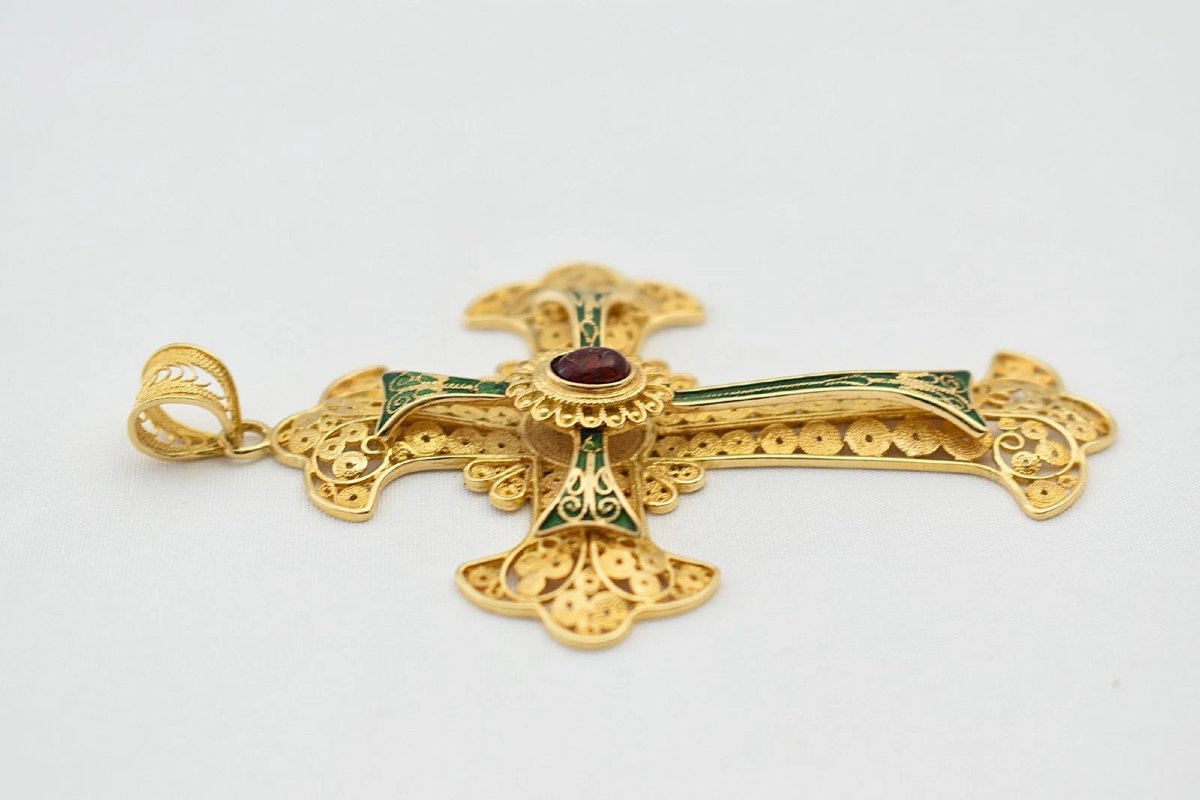 A Vintage Greek Byzantine Style 18ct Gold Enamel & Red Cabochon Cross Pendant-photo-3