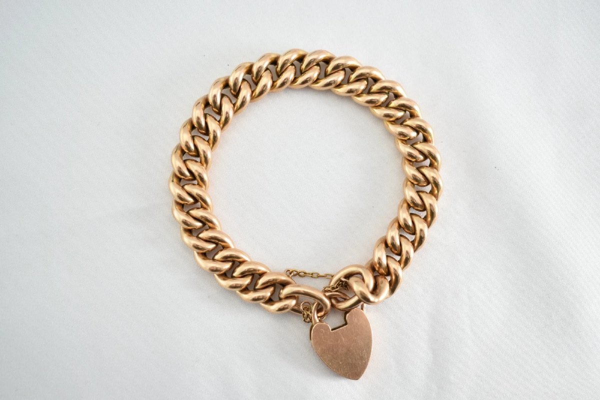Bracelet ancien de l'époque victorienne en or 15 carats à mailles gourmette, avec fermoir caden-photo-3