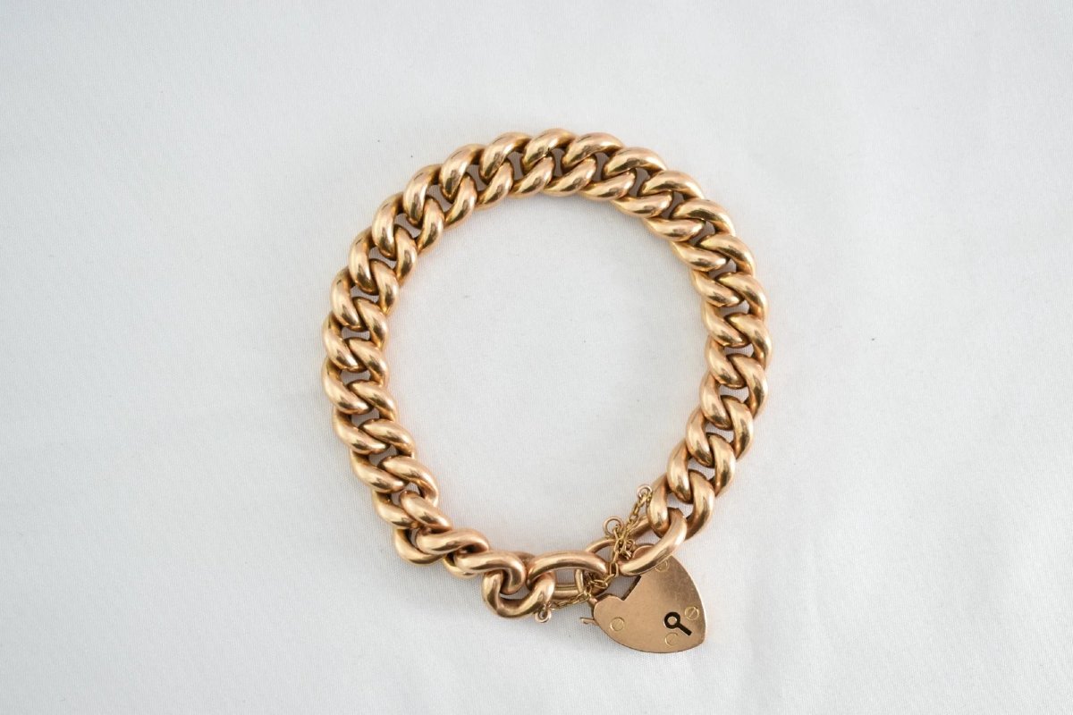 Bracelet ancien de l'époque victorienne en or 15 carats à mailles gourmette, avec fermoir caden