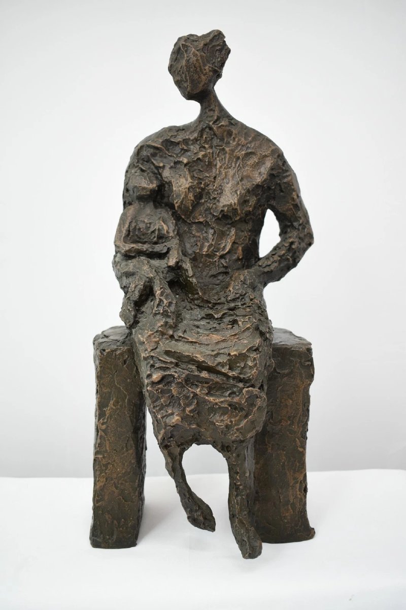 Wendy Fisher Bronze Modernist Mother & Child Sculpture Brutalist 43ch Tall