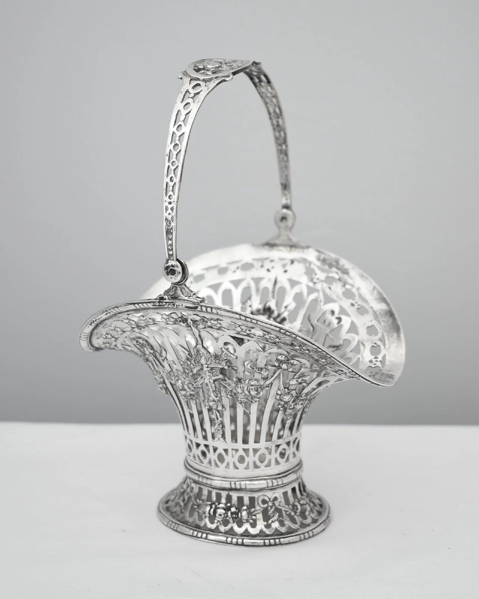 Antique German Hanau Sterling Silver Pair Pierced Flower Baskets Gr 930-photo-2