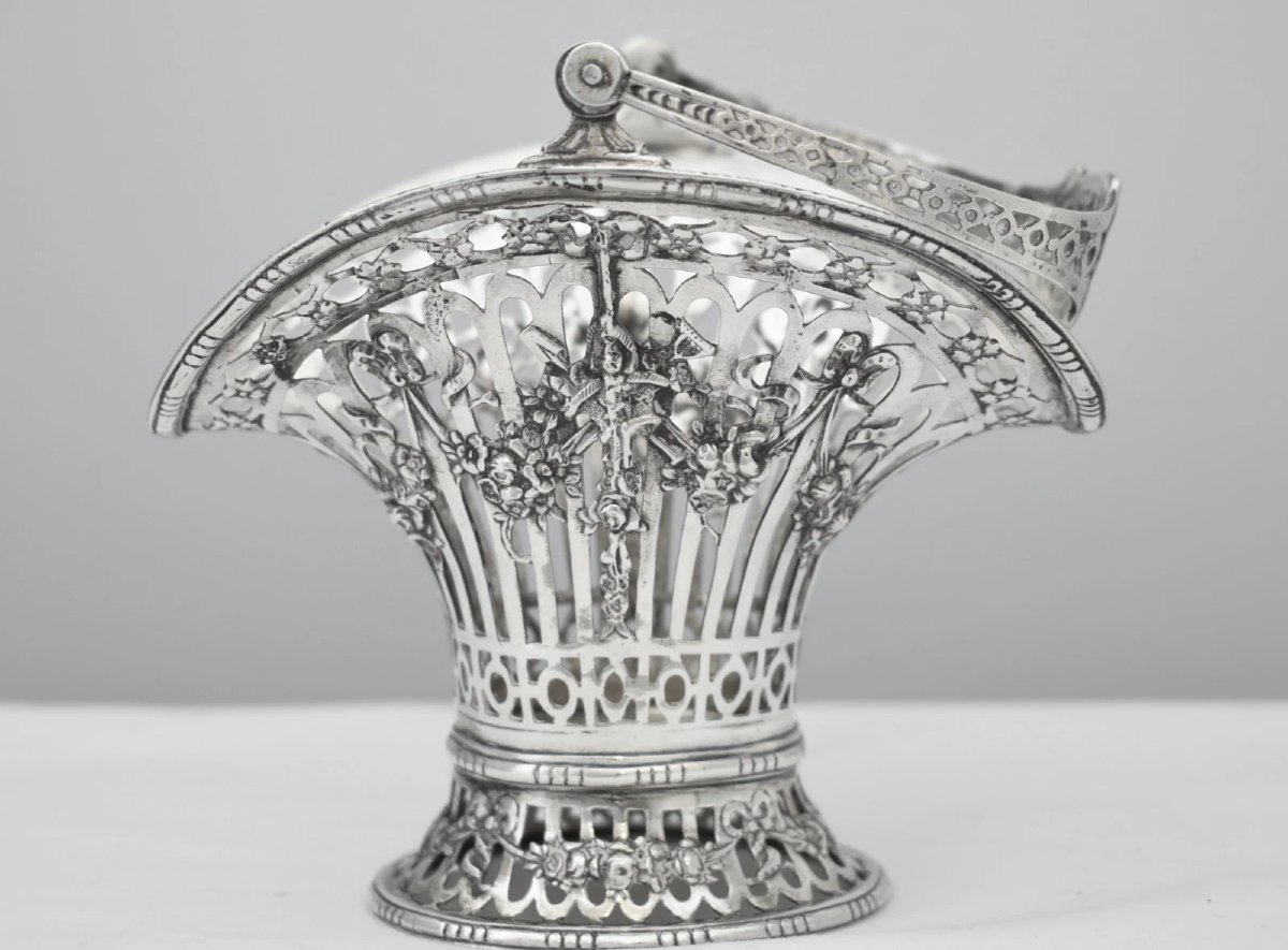 Antique German Hanau Sterling Silver Pair Pierced Flower Baskets Gr 930-photo-1