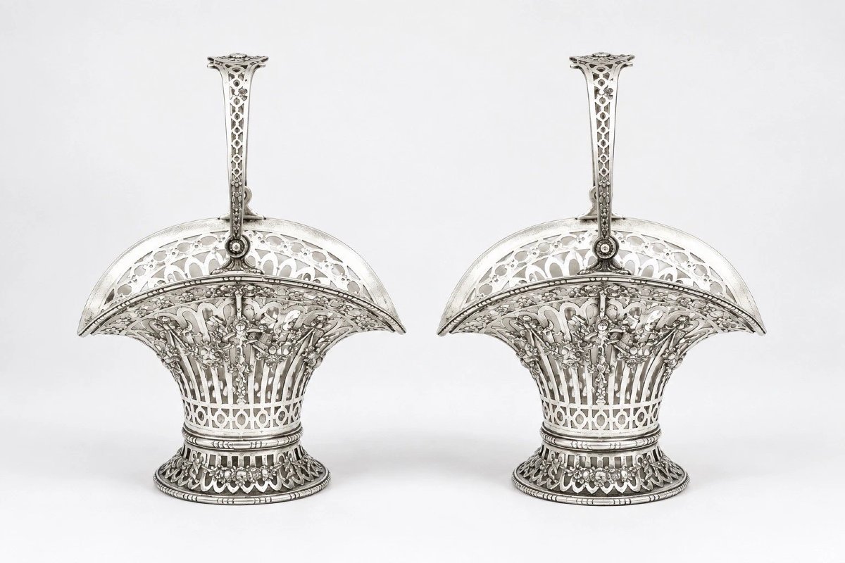 Antique German Hanau Sterling Silver Pair Pierced Flower Baskets Gr 930-photo-4
