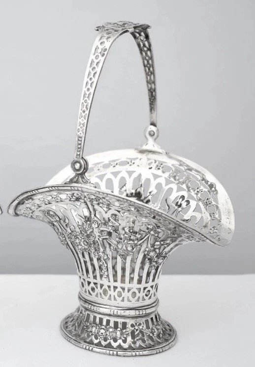 Antique German Hanau Sterling Silver Pair Pierced Flower Baskets Gr 930-photo-5