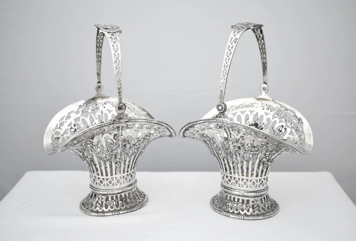 Antique German Hanau Sterling Silver Pair Pierced Flower Baskets Gr 930