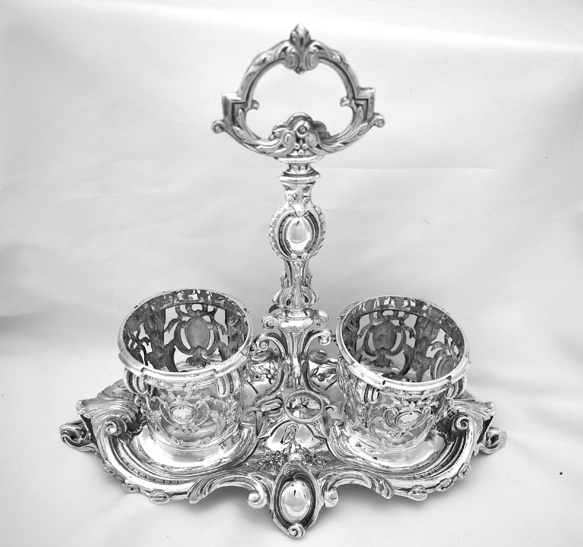 Antique French Minerva Silver Rococo Revival Two-bottle Cruet Stand 37cm 480 Gr-photo-4