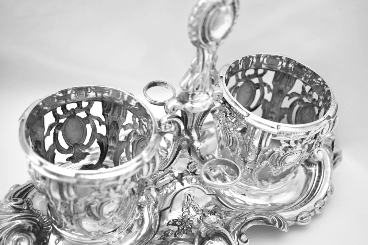 Antique French Minerva Silver Rococo Revival Two-bottle Cruet Stand 37cm 480 Gr-photo-1