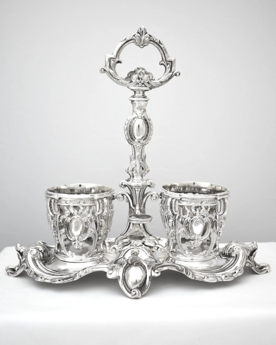 Antique French Minerva Silver Rococo Revival Two-bottle Cruet Stand 37cm 480 Gr