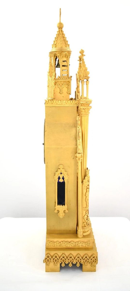 Pendule de cheminée ancienne du XIXe siècle en laiton, style cathédrale gothique, signée Villem-photo-3
