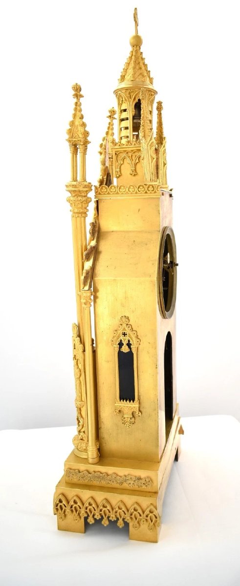 Pendule de cheminée ancienne du XIXe siècle en laiton, style cathédrale gothique, signée Villem-photo-2