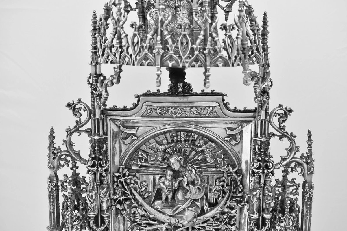Pax ancienne en métal argenté Elkington, style néogothique, Vierge à l'Enfant (vers 1900)-photo-3