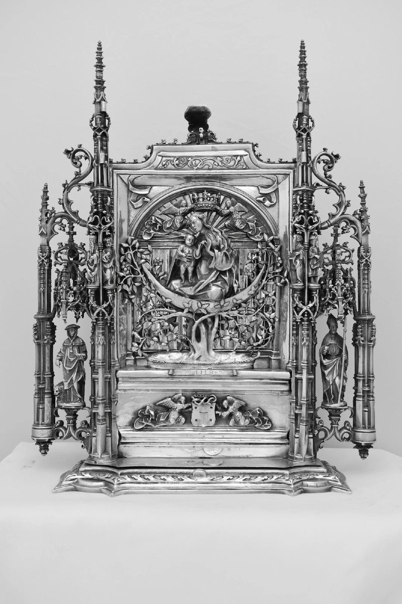 Pax ancienne en métal argenté Elkington, style néogothique, Vierge à l'Enfant (vers 1900)-photo-4