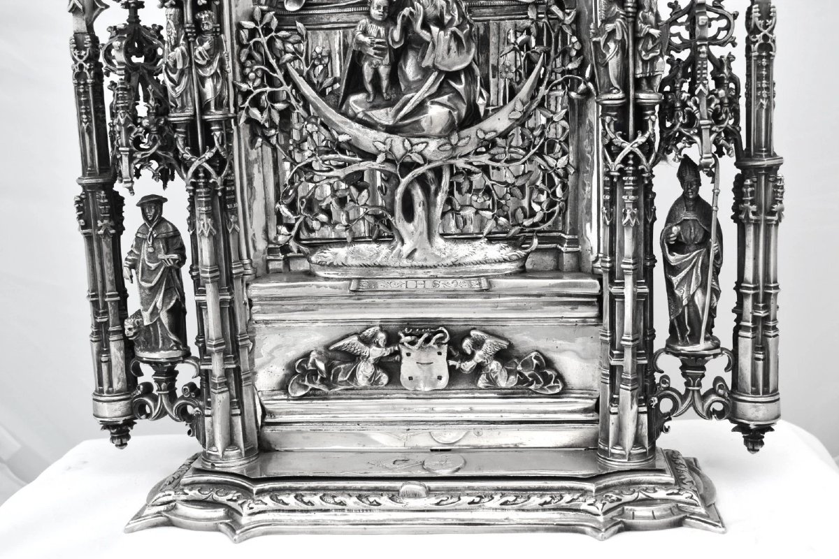 Pax ancienne en métal argenté Elkington, style néogothique, Vierge à l'Enfant (vers 1900)-photo-5