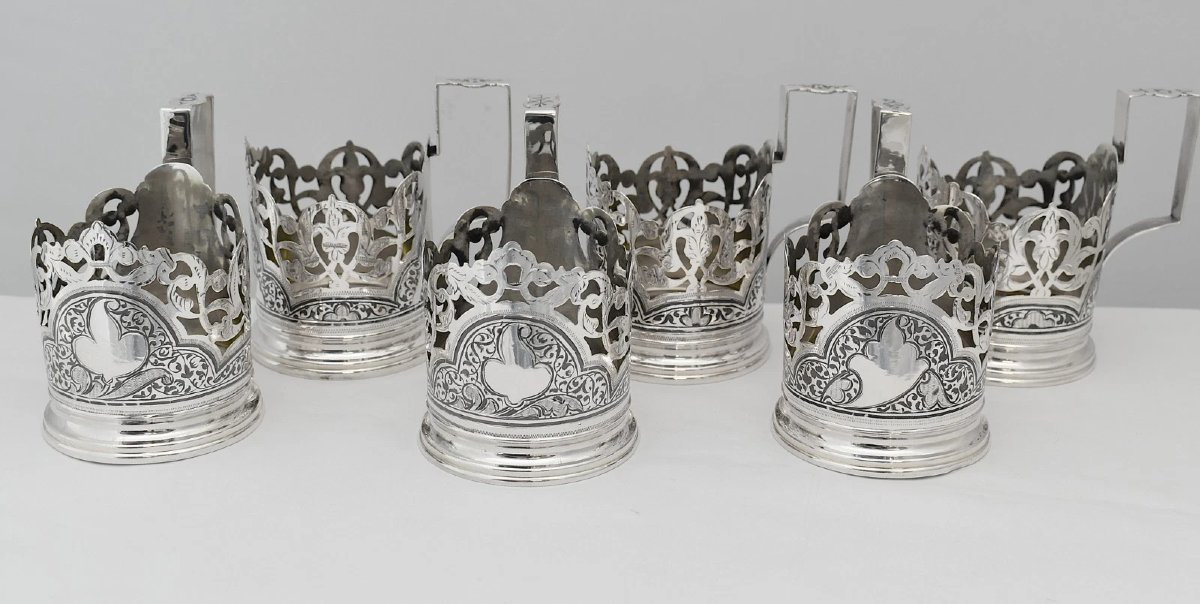 Ensemble de 6 porte-verres à thé soviétiques russes vintage en argent 875 (podstakannik), 555 g