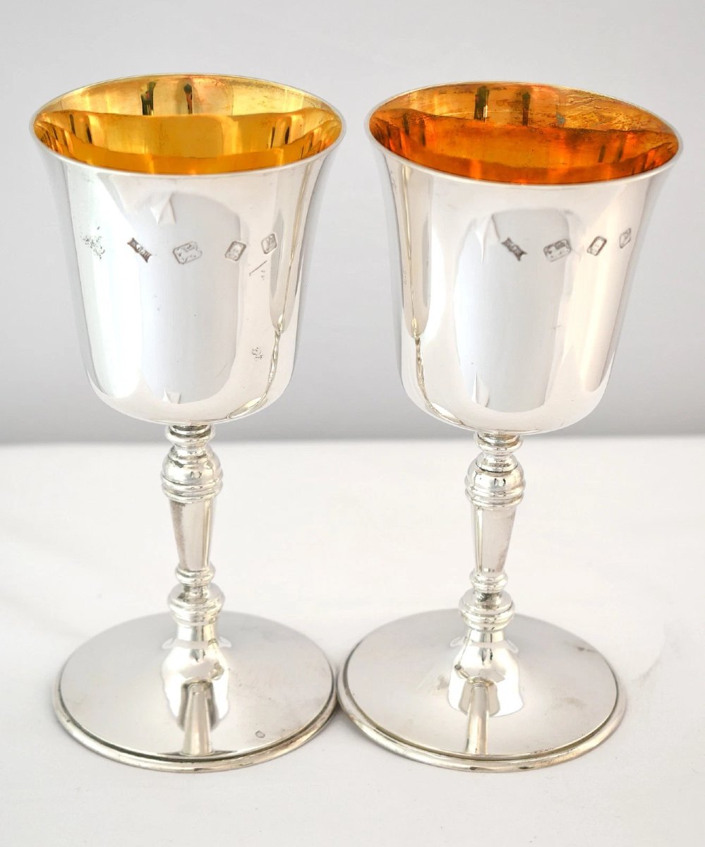 Pair Of S J Rose Son Sterling Silver Goblets W/ Gilt Interior Cased London 1930-photo-2
