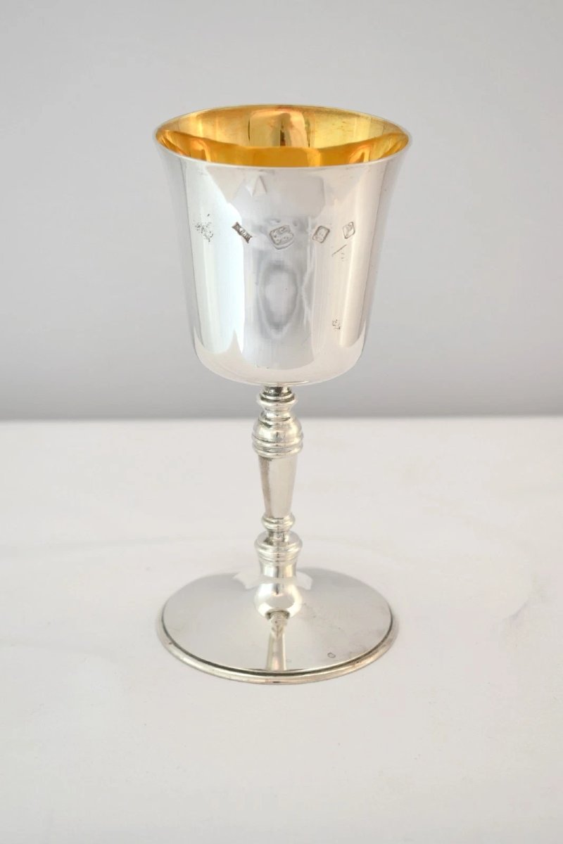 Pair Of S J Rose Son Sterling Silver Goblets W/ Gilt Interior Cased London 1930-photo-1
