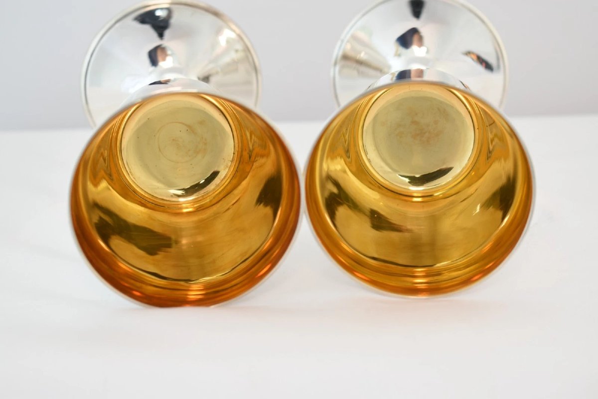 Pair Of S J Rose Son Sterling Silver Goblets W/ Gilt Interior Cased London 1930-photo-4