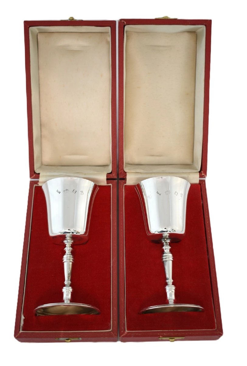 Pair Of S J Rose Son Sterling Silver Goblets W/ Gilt Interior Cased London 1930