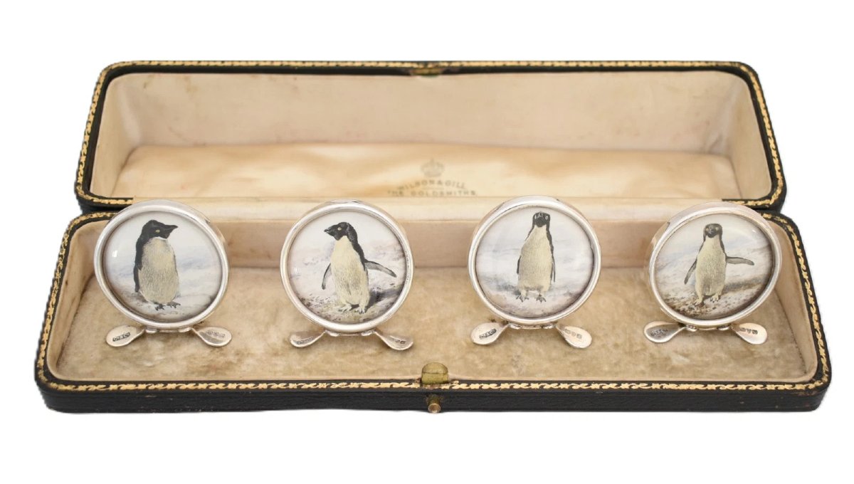 Edwardian Sterling Silver Penguin Menu Card Holders, Set Of Four, Original Box-photo-2