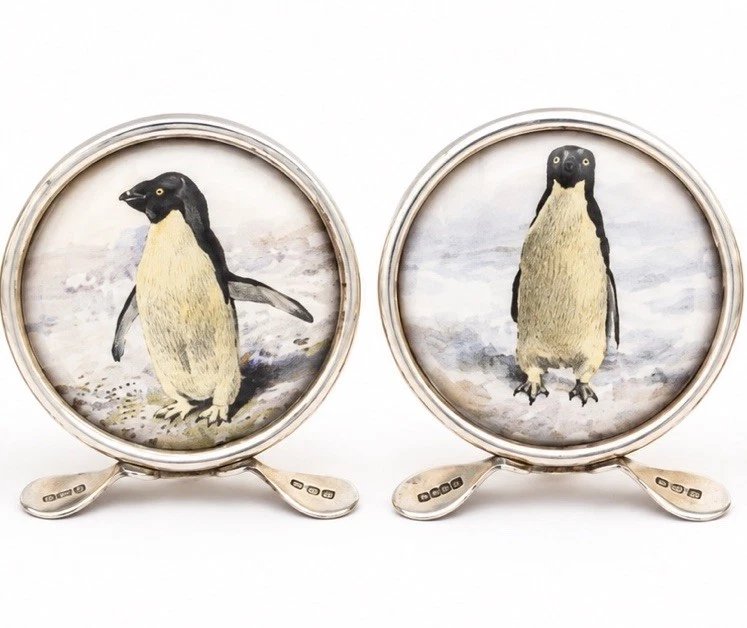 Edwardian Sterling Silver Penguin Menu Card Holders, Set Of Four, Original Box-photo-4