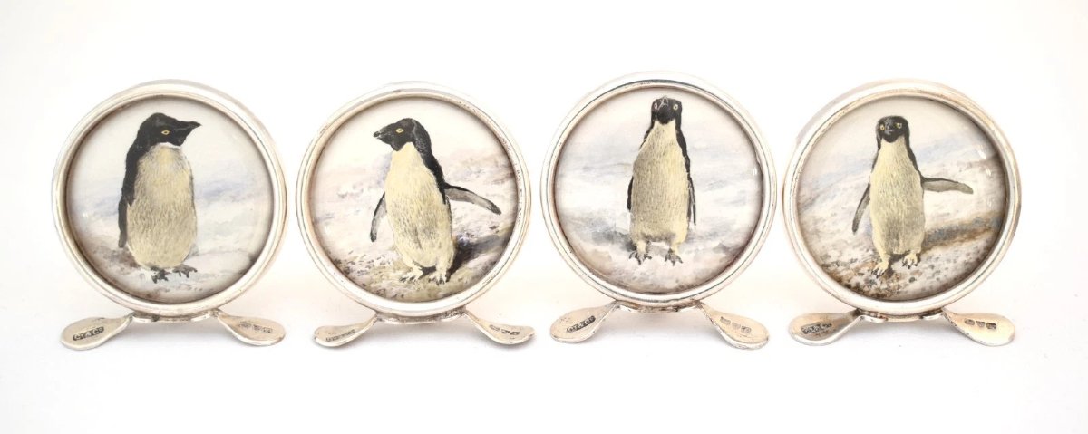 Edwardian Sterling Silver Penguin Menu Card Holders, Set Of Four, Original Box