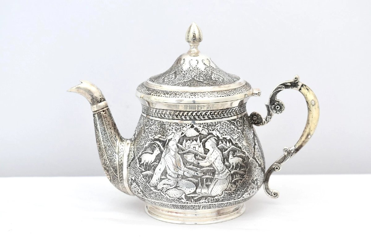 Antique Islamic Solid 84 Silver Tea Coffee Service Hand Chased Repousse 1.6kg-photo-2