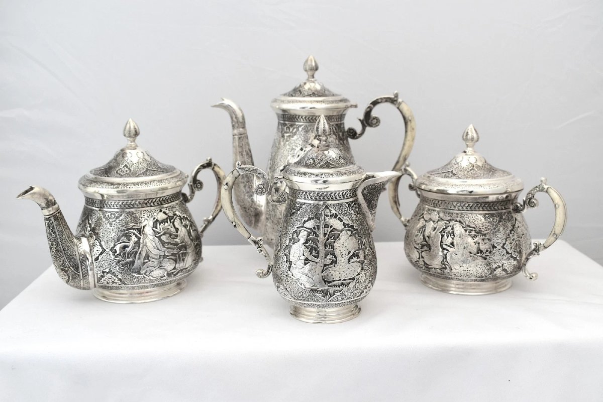 Antique Islamic Solid 84 Silver Tea Coffee Service Hand Chased Repousse 1.6kg