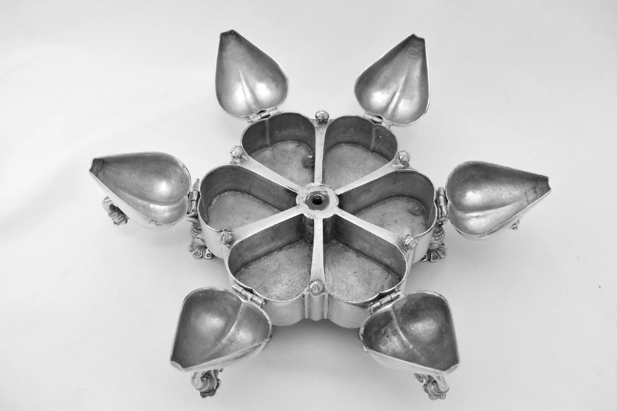 Boîte à kumkum ou à épices (masala dan) vintage indienne en argent sterling 925, motif paon, 80-photo-3