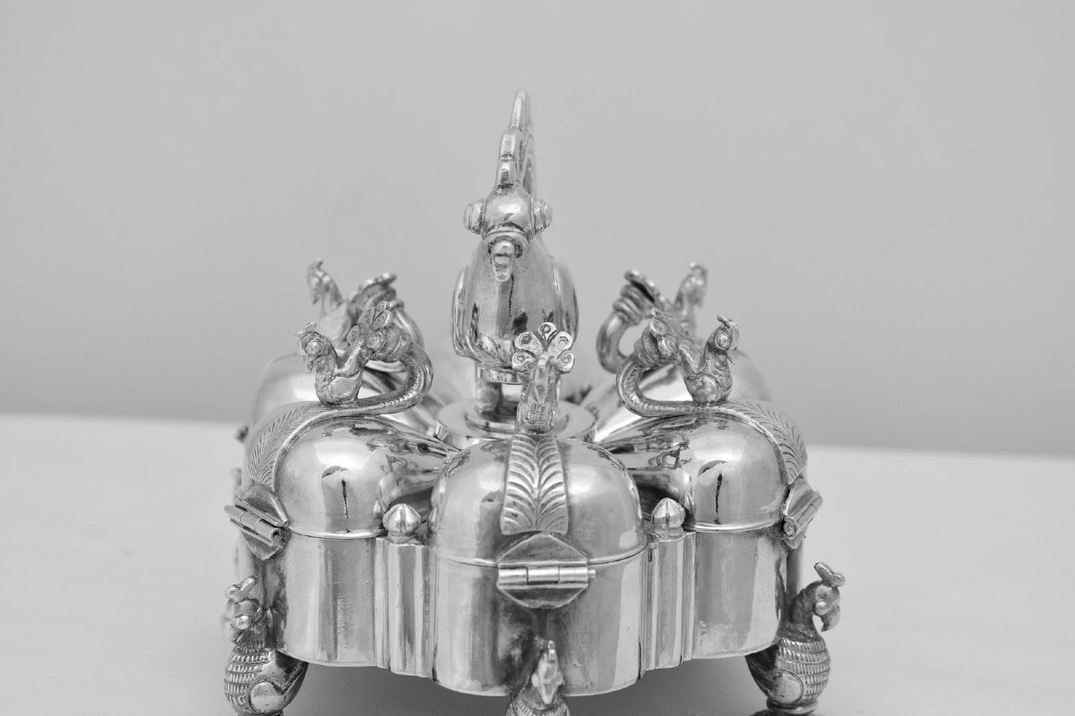 Boîte à kumkum ou à épices (masala dan) vintage indienne en argent sterling 925, motif paon, 80-photo-2