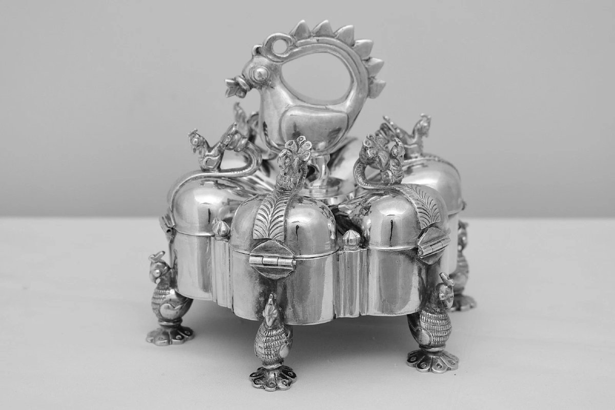 Boîte à kumkum ou à épices (masala dan) vintage indienne en argent sterling 925, motif paon, 80