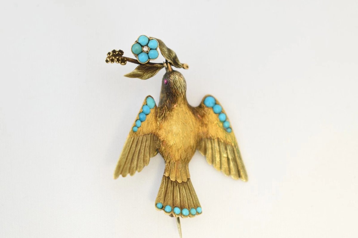 Antique Victorian Gold Turquoise Ruby Diamond Dove Of Peace Bird Brooch 7.3g-photo-2