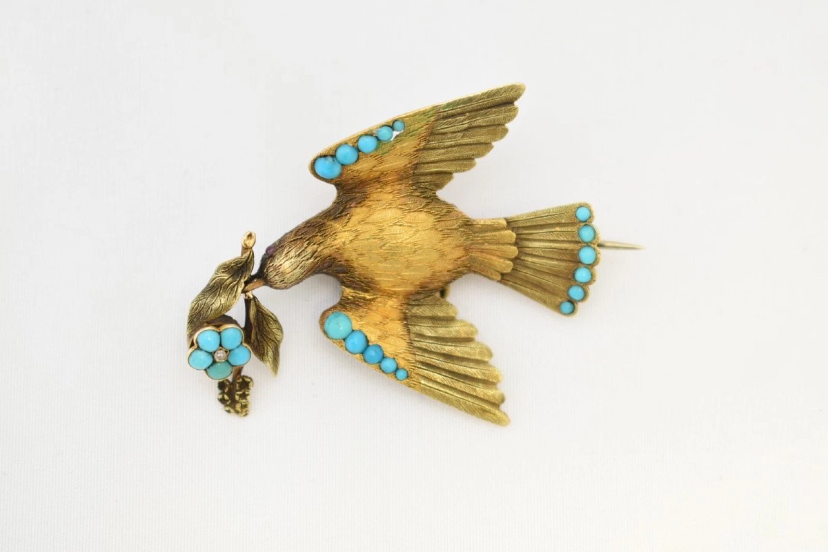 Antique Victorian Gold Turquoise Ruby Diamond Dove Of Peace Bird Brooch 7.3g-photo-3