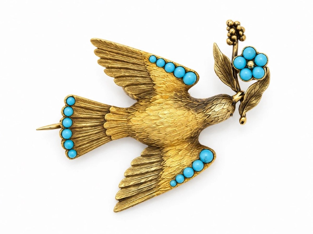 Antique Victorian Gold Turquoise Ruby Diamond Dove Of Peace Bird Brooch 7.3g-photo-4