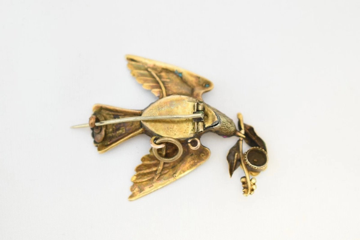 Antique Victorian Gold Turquoise Ruby Diamond Dove Of Peace Bird Brooch 7.3g-photo-3