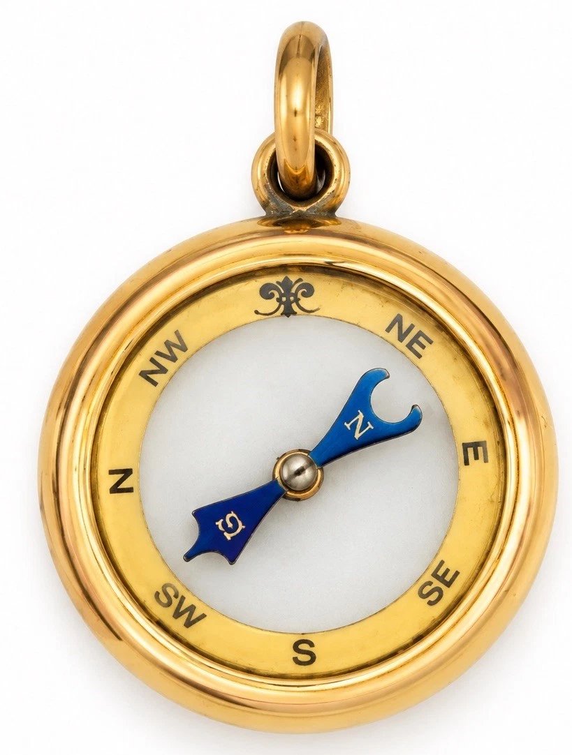 Rare pendentif-breloque boussole ancien en or 15 carats (1918), poinçon A.T.S. Birmingham, 5,8 -photo-2