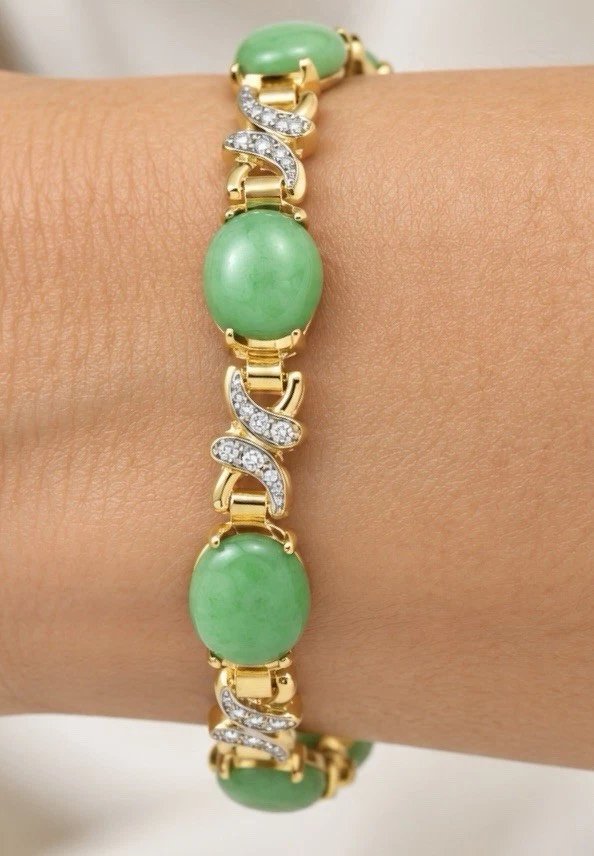 Bracelet vintage à maillons flexibles en or jaune 18 carats, jadéite et diamants, 15,3 g-photo-2