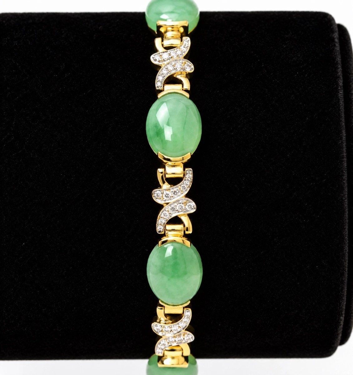 Bracelet vintage à maillons flexibles en or jaune 18 carats, jadéite et diamants, 15,3 g-photo-3
