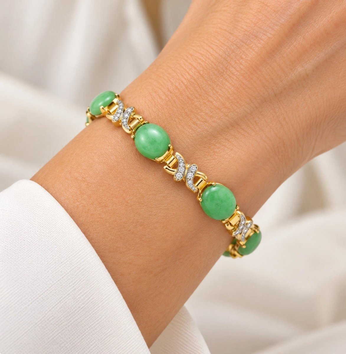 Bracelet vintage à maillons flexibles en or jaune 18 carats, jadéite et diamants, 15,3 g-photo-1