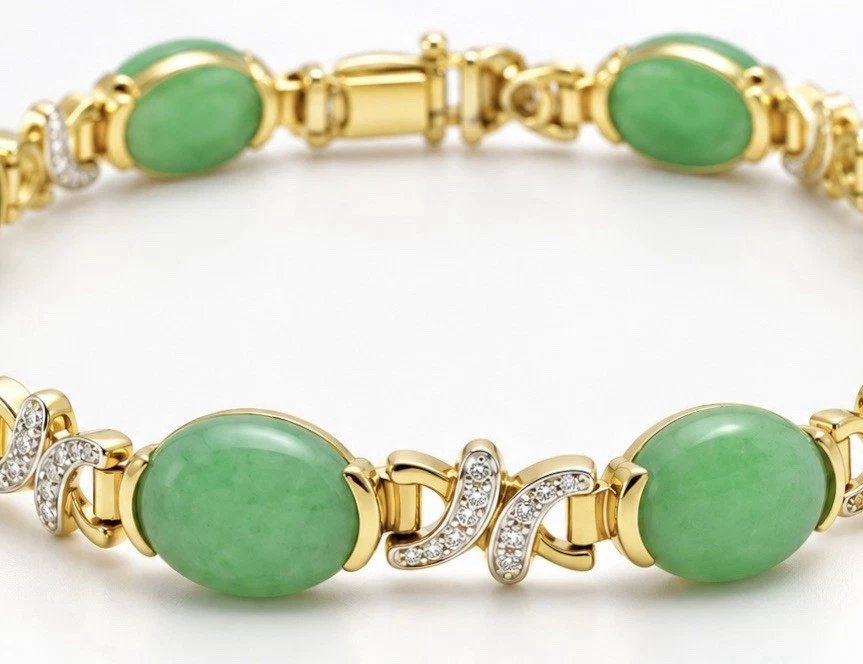 Bracelet vintage à maillons flexibles en or jaune 18 carats, jadéite et diamants, 15,3 g-photo-2