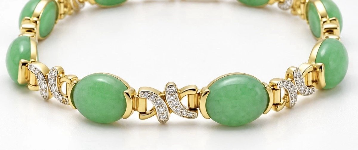Bracelet vintage à maillons flexibles en or jaune 18 carats, jadéite et diamants, 15,3 g-photo-3
