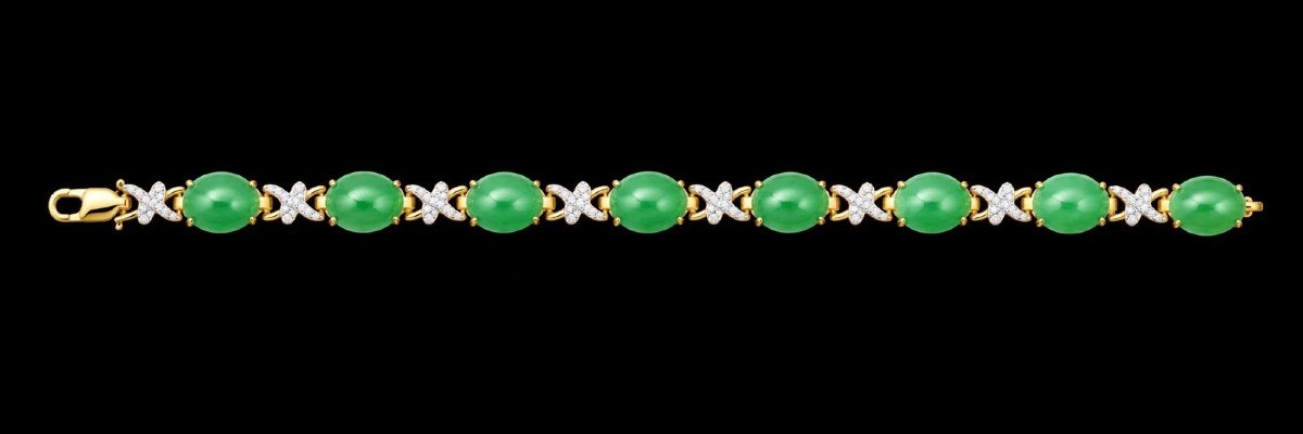 Bracelet vintage à maillons flexibles en or jaune 18 carats, jadéite et diamants, 15,3 g-photo-5