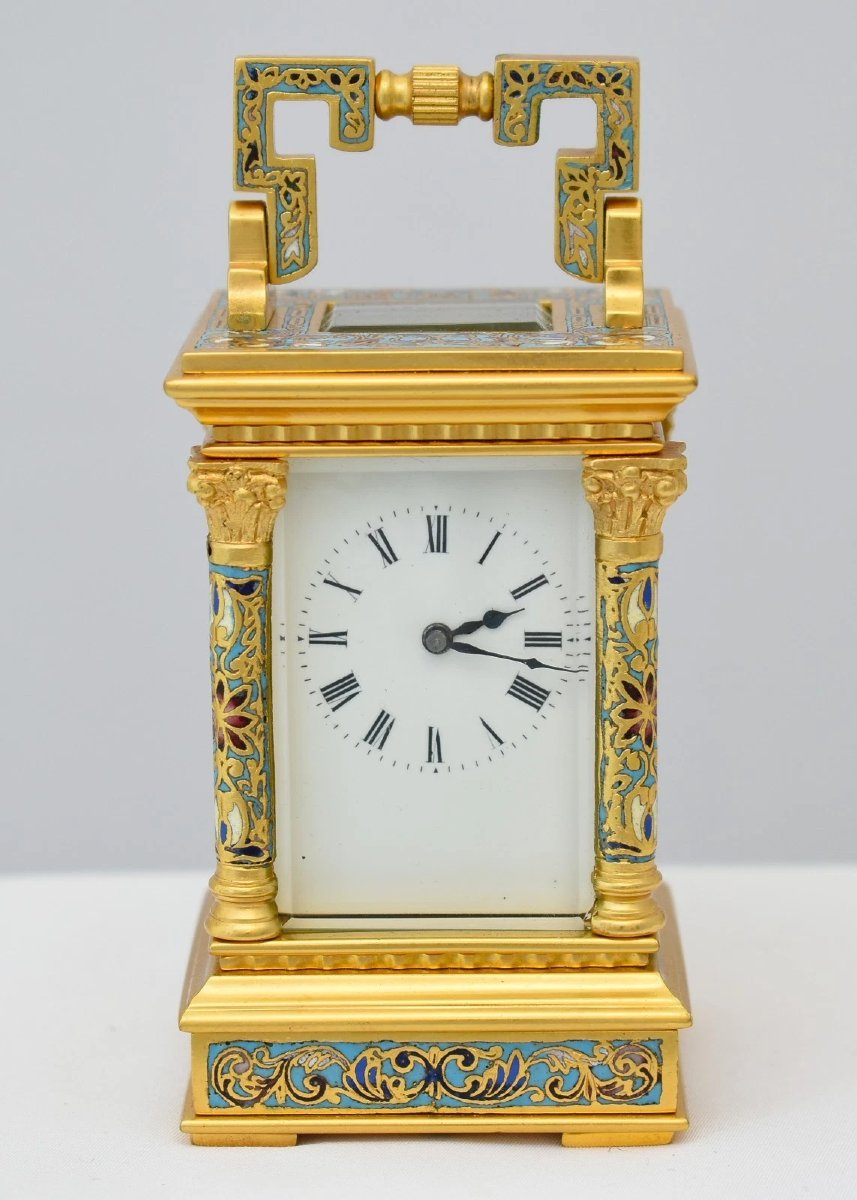 Antique French Miniature Anglaise Riche Gilt & Cloisonne Enamel Carriage Clock-photo-2
