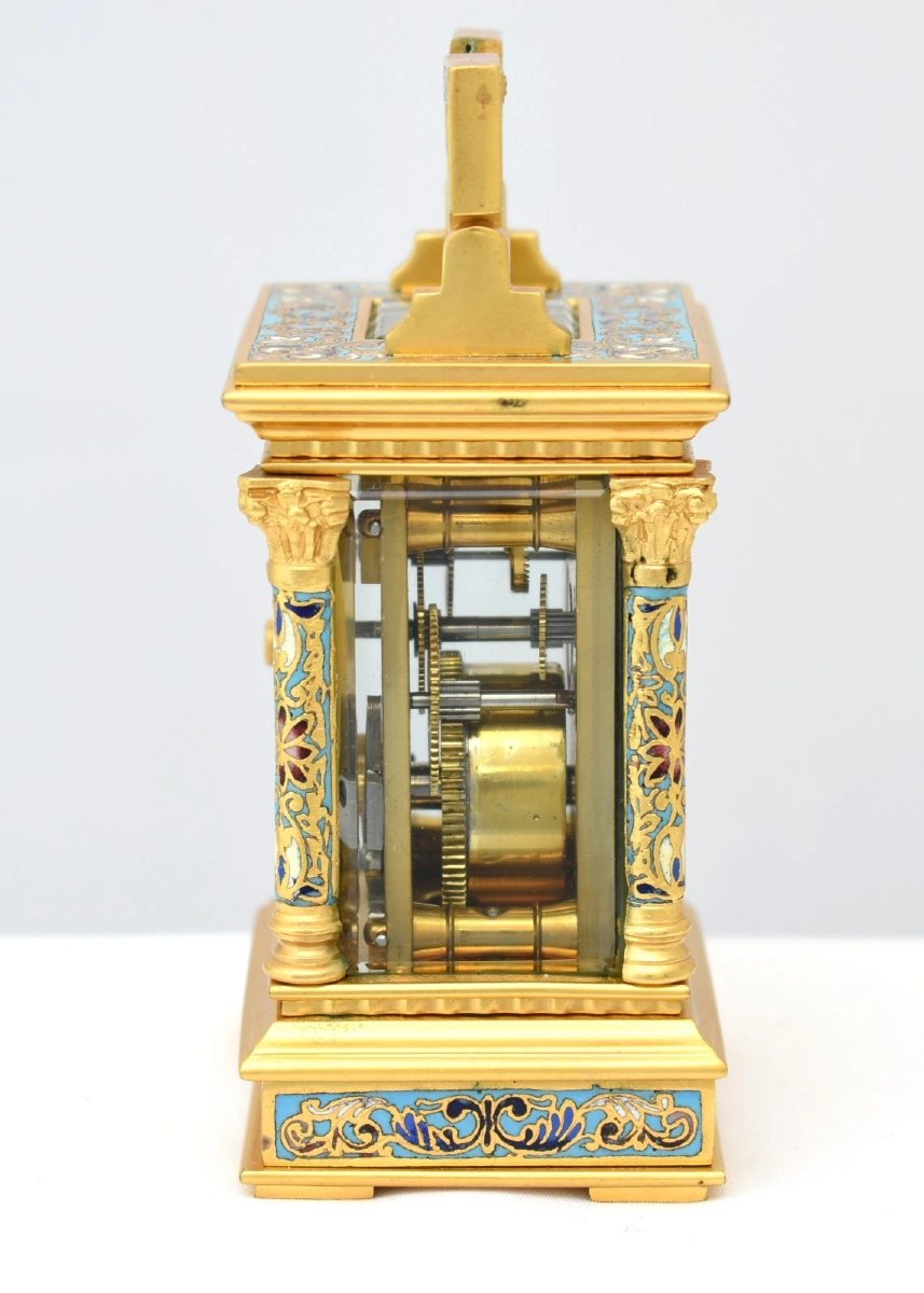 Antique French Miniature Anglaise Riche Gilt & Cloisonne Enamel Carriage Clock-photo-3