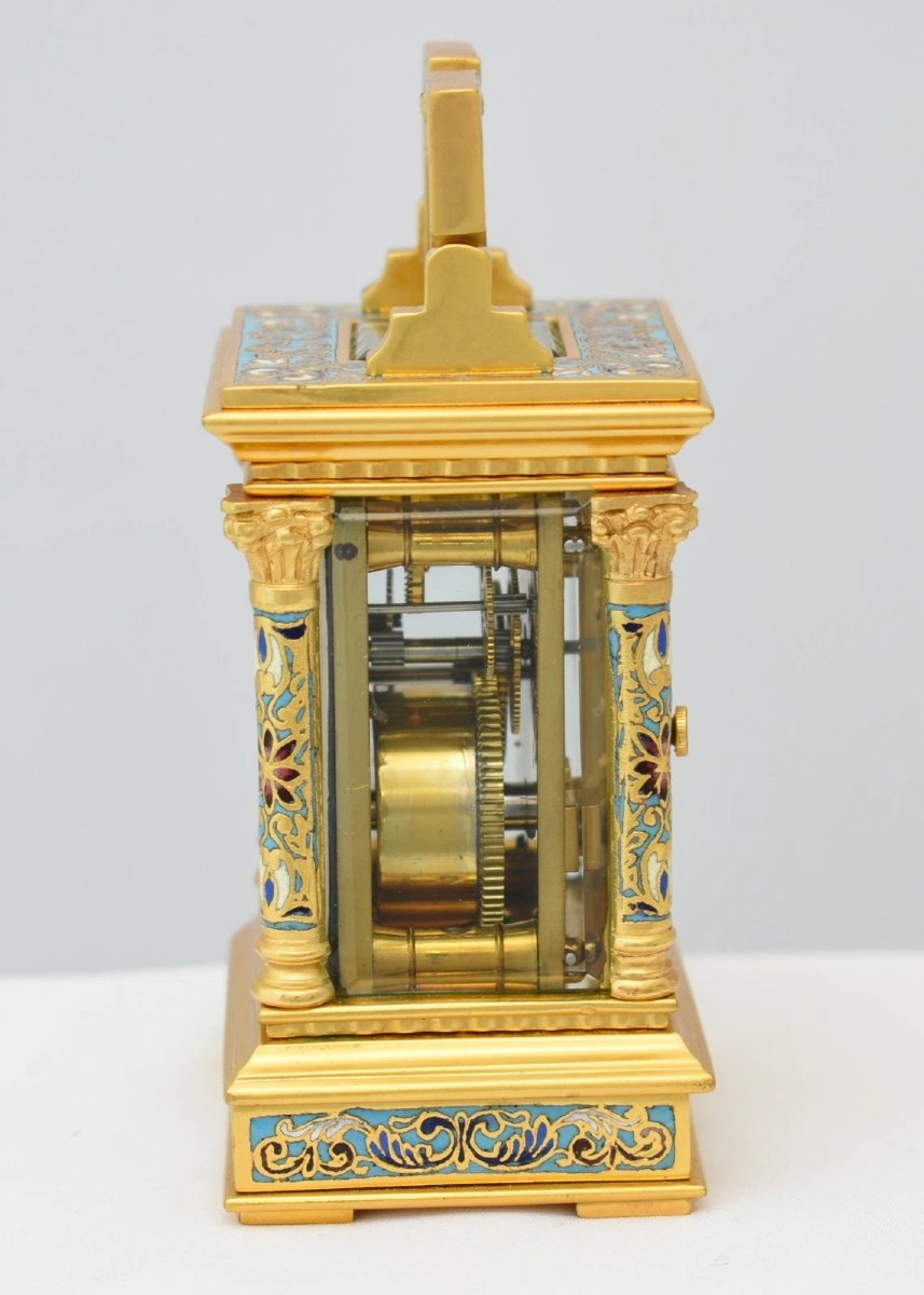 Antique French Miniature Anglaise Riche Gilt & Cloisonne Enamel Carriage Clock-photo-2