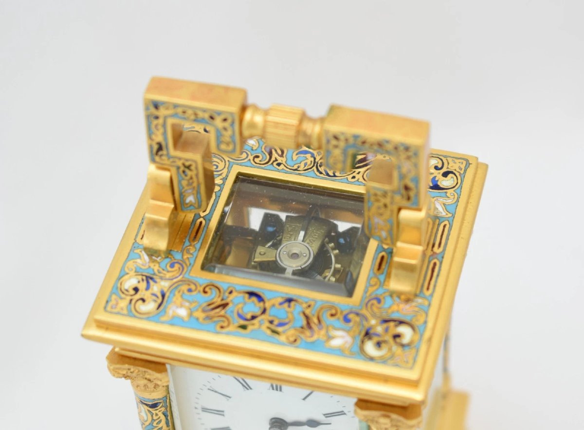 Antique French Miniature Anglaise Riche Gilt & Cloisonne Enamel Carriage Clock-photo-3
