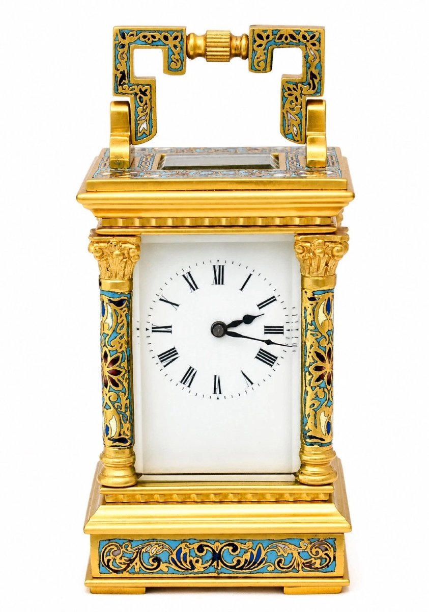 Antique French Miniature Anglaise Riche Gilt & Cloisonne Enamel Carriage Clock-photo-7